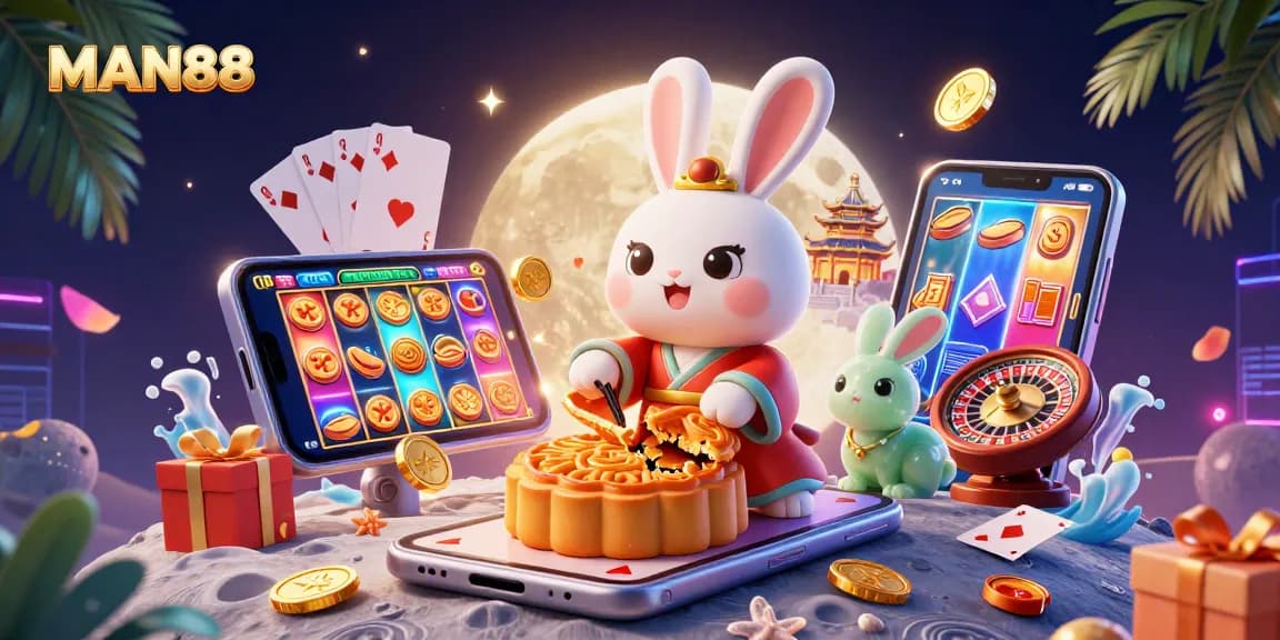 Engage in thrilling gameplay with MAN88's entertaining scene featuring a moon rabbit and vibrant gambling elements.