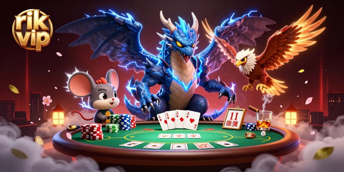Experience a thrilling game with rik vip as characters engage at an electric poker table surrounded by vibrant casino elements.