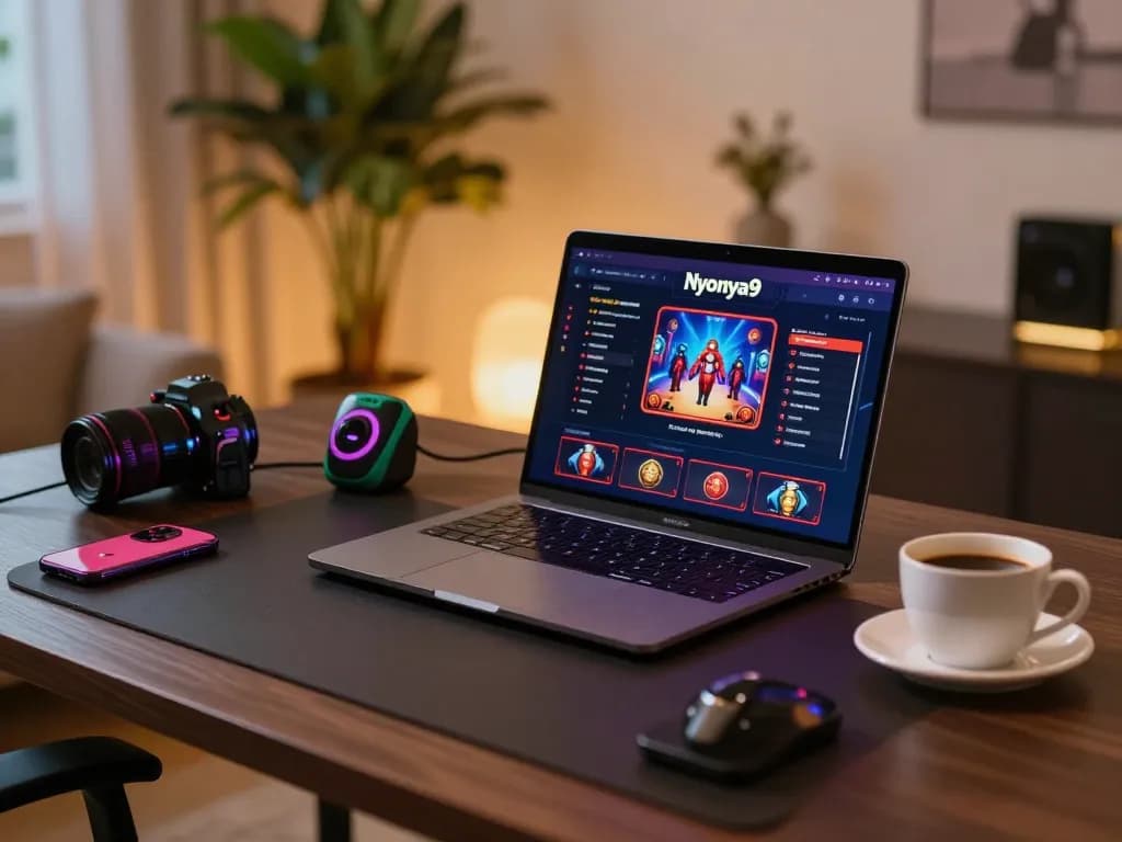 Nyonya9 online casino gaming setup with stylish laptop and ambient lighting for strategic gameplay.