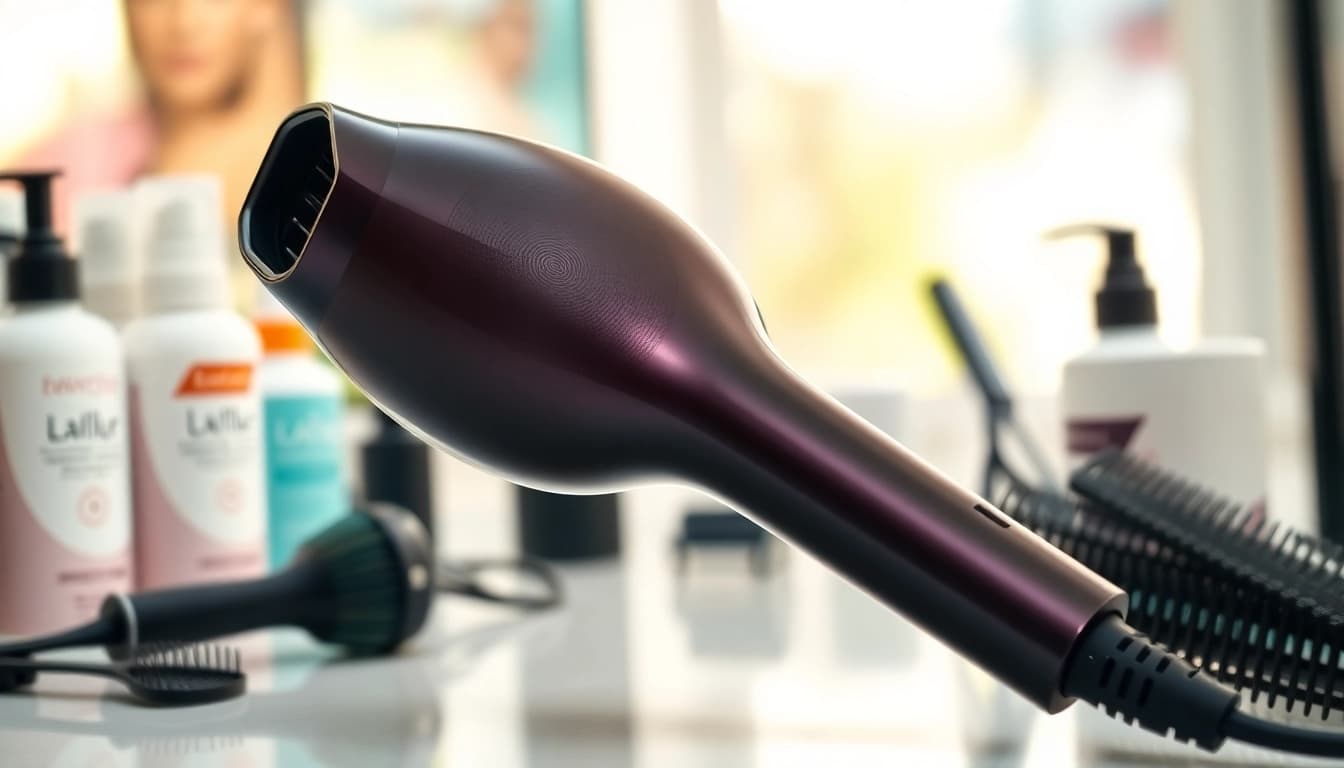 Stylish ionic blow dryer showcasing its sleek features amidst salon tools on a countertop.