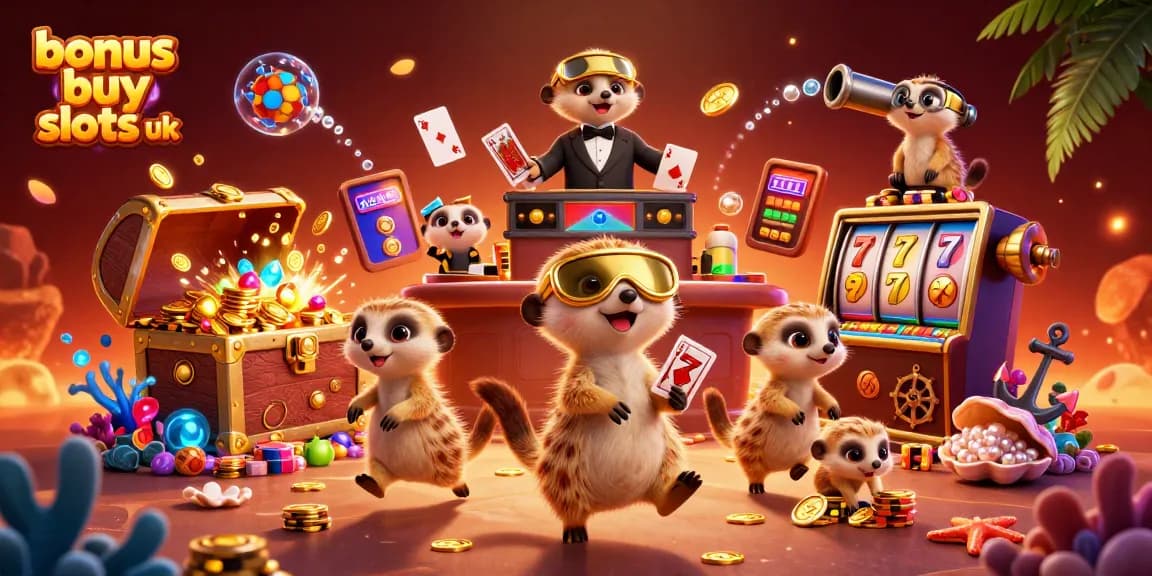 Experience the excitement of bonus buy slots UK with playful meerkats in an action-filled casino scene.