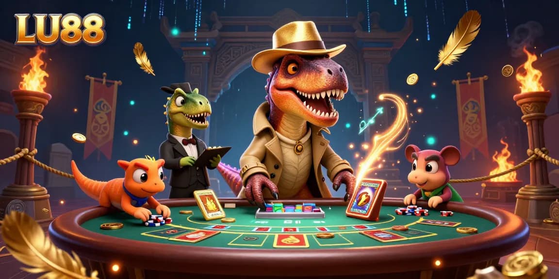 Engage with LU88's vivid casino scene featuring a velociraptor card counter among gaming elements.