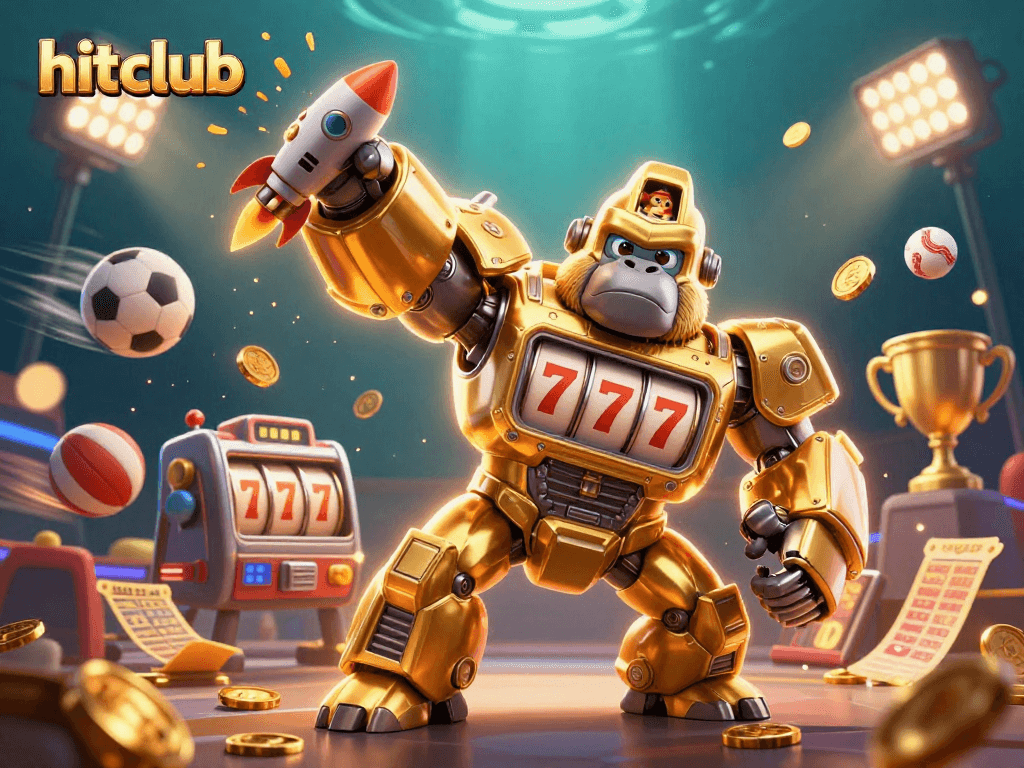 Engage with hitclub's action-packed scene featuring a golden gorilla mech and dynamic sports elements.