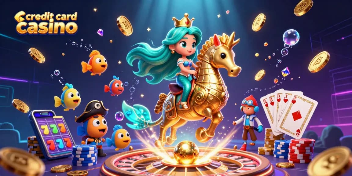 Engage in the exciting world of credit card casinos with vibrant 3D casino art showcasing mermaids and gaming elements.
