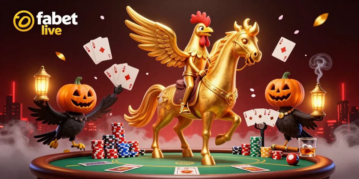 Join the excitement of fabet live with a vibrant casino scene featuring a golden rooster and poker elements.