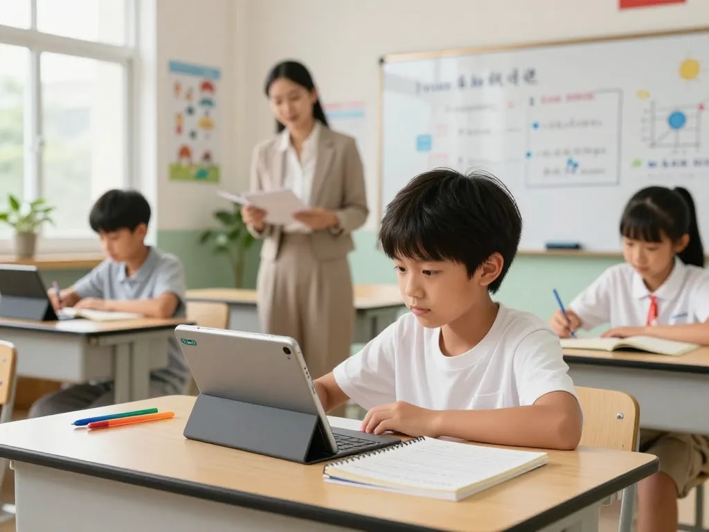 一名学生在明亮的教室中使用有道词典，展示现代学习工具和材料。