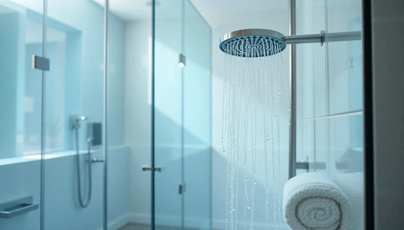 Admire elegant showers in a modern, serene bathroom with soft colors and sleek design.