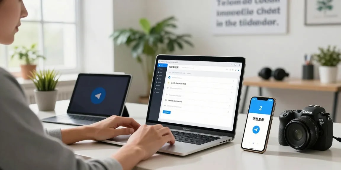 Setting up Telegram in Chinese on a laptop with smartphone and tech gadgets in a bright office.