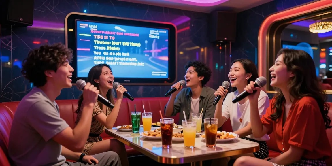 다낭 가라오케에서 친구들과 즐거운 시간을 보내는 모습, 화려한 조명이 비추는 현대적인 인테리어의 노래방에서 함께 노래하는 장면