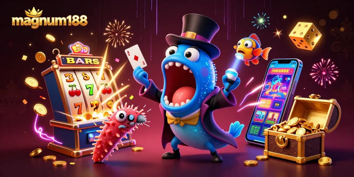 Engage in thrilling gameplay with magnum188 as cartoon creatures enchant in a vibrant casino setting.