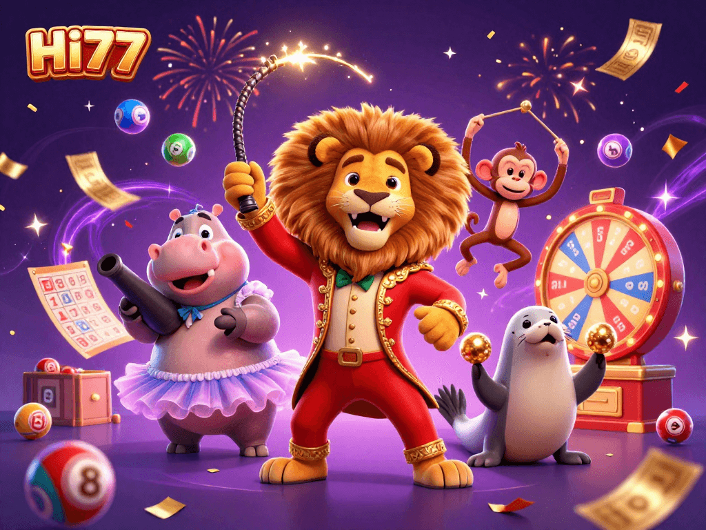 Experience the excitement of HI77 with vibrant characters celebrating with colorful bingo and lottery elements in a dynamic casino scene.