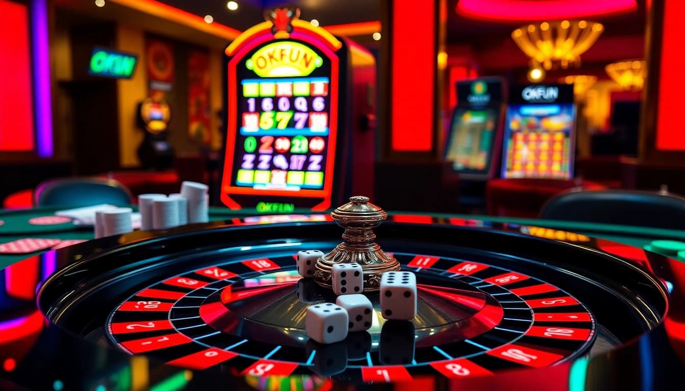 Engaging casino gameplay scene featuring OKFUN branding with roulette, poker chips, and slot machines.