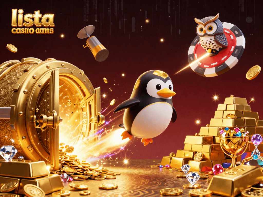 Lista casino non aams: il pinguino dorato lancia monete d'oro verso un casinò spaziale.