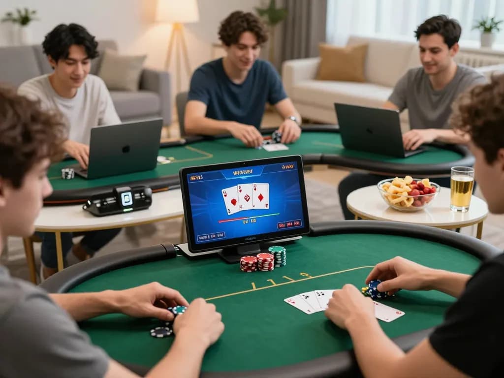 rokok88 players strategizing their poker hands in a dynamic online gaming home setting.