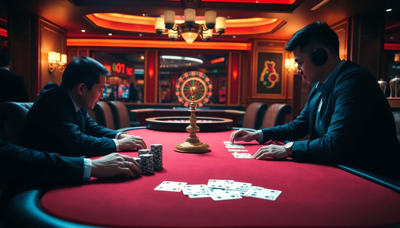 Players enjoying an intense poker game at u888's luxurious online casino.