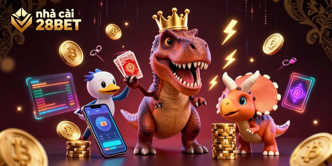 Experience casino excitement with nhà cái 28BET featuring a T-Rex card dealer, colorful coins, and vibrant game elements.