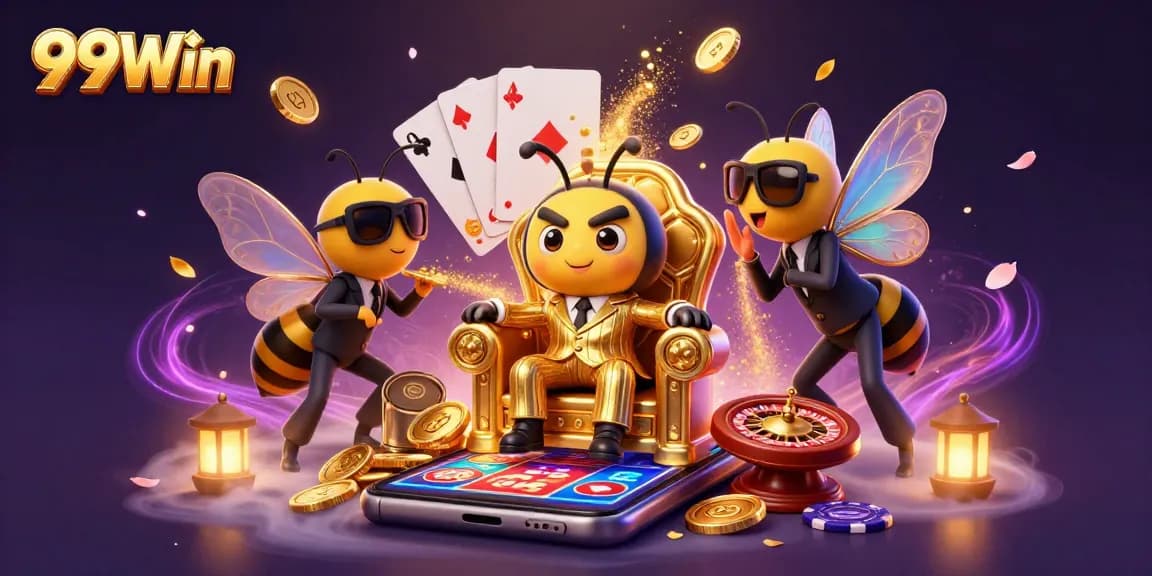 Experience excitement with 99Win in a vibrant 3D casino setting filled with games and treasures.