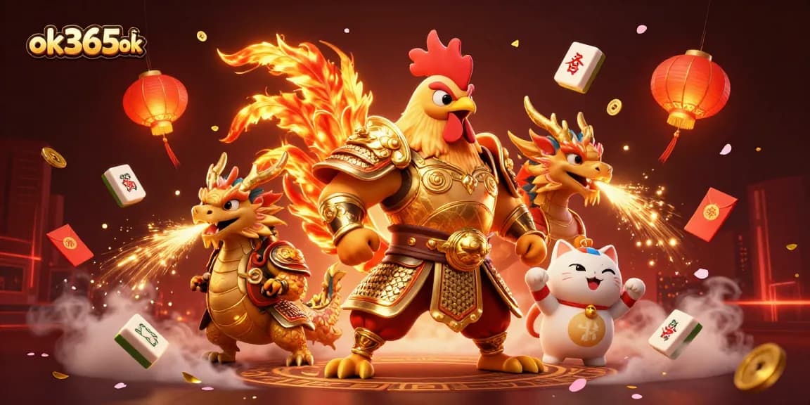Engage in thrilling gameplay at ok365ok with dynamic rooster warrior and dragon hatchling.