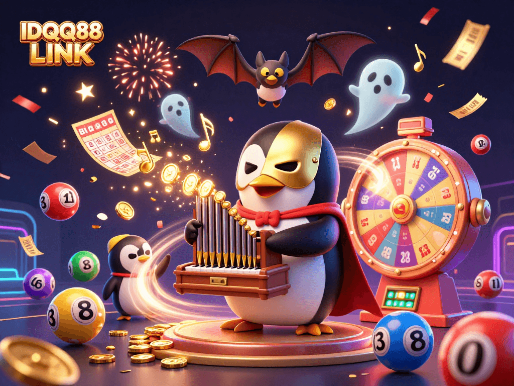Engage with IDQQ88 LINK in this vibrant casino-themed illustration of an acrobatic penguin.