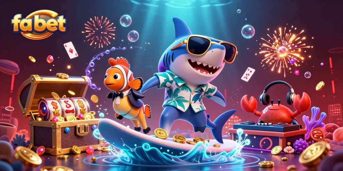 Join the fun with fa bet as the hammer-head shark surfs gold coins in a vibrant casino scene!