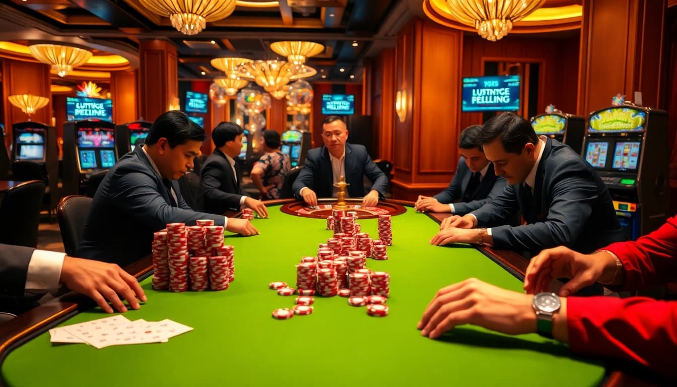 Betting at a luxurious casino table showcasing Kèo nhà cái with poker chips and roulette wheel