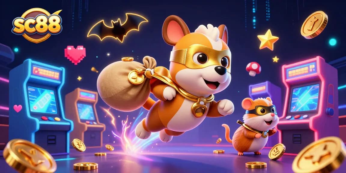Experience the thrills of sc88 with a superhero dog flying above a vibrant casino scene.
