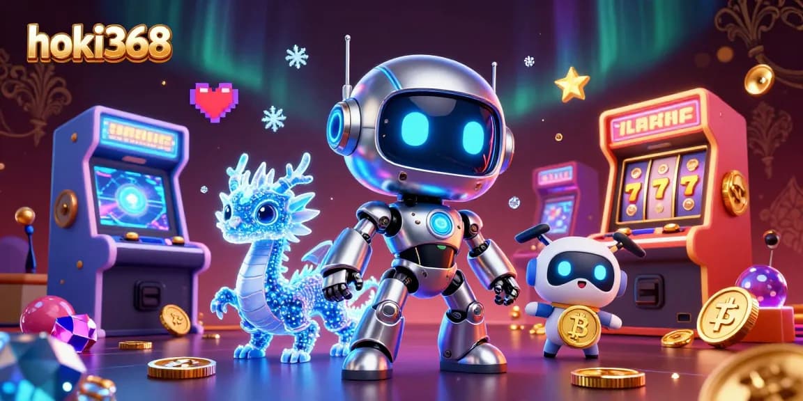 Experience the excitement of hoki368 with a vibrant casino-themed illustration showcasing games and digital elements.