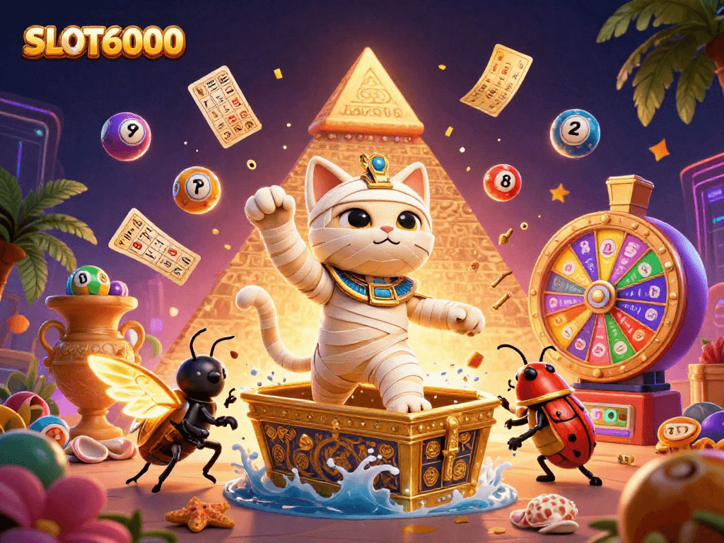 Engage with SLOT6000 at the pyramid casino featuring a mummy cat and a scarab beetle amidst vibrant gaming elements.