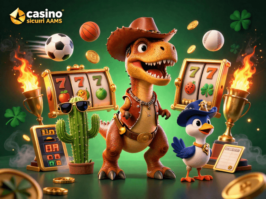 Immagine di un T-Rex cowboy e personaggi divertenti in un'illustrazione da casinò per casinò sicuri non AAMS.