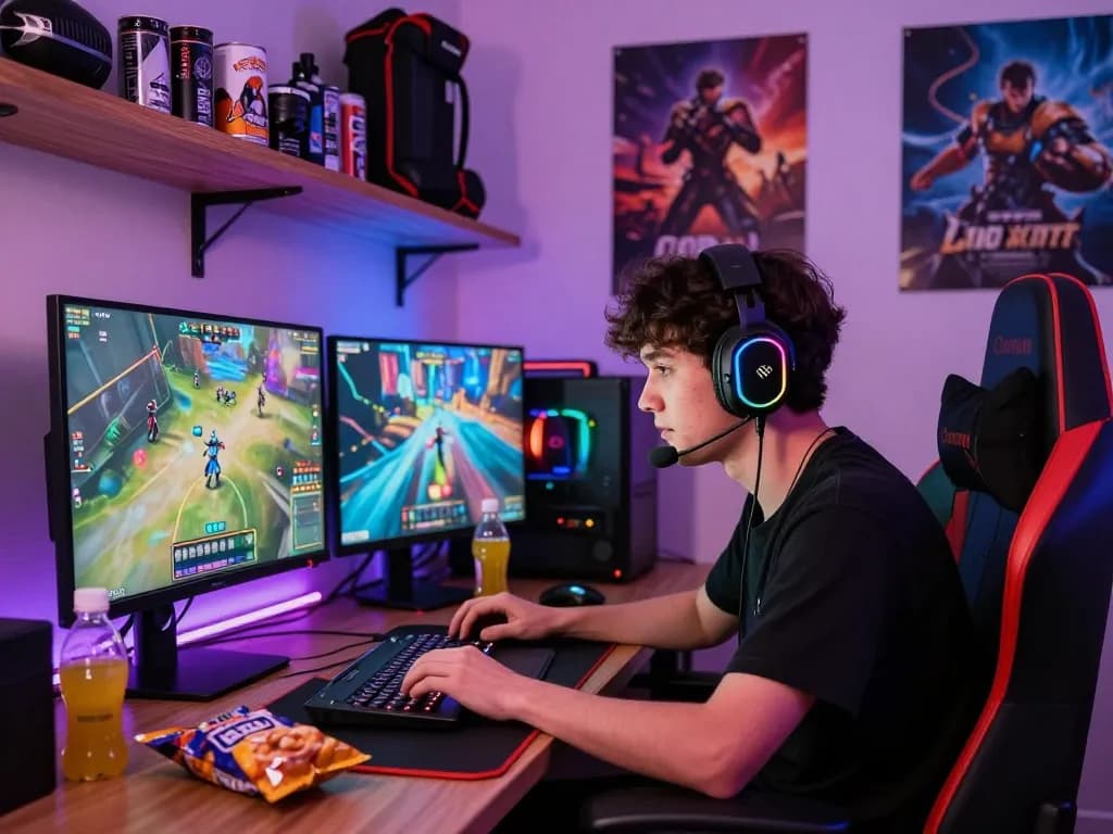 man88 engaged in online gaming, competitive atmosphere with RGB lighting and gaming gear