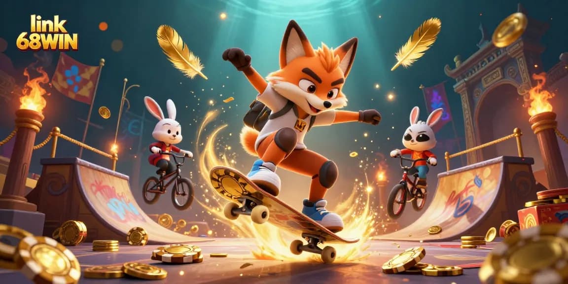 Experience thrilling action in the vibrant world of link 68WIN featuring a skateboarding fox and BMX-riding rabbit.