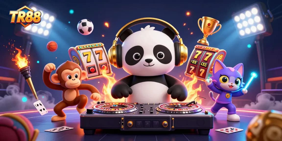 Experience the excitement of TR88 with a DJ panda spinning roulette wheels amidst dynamic casino elements.
