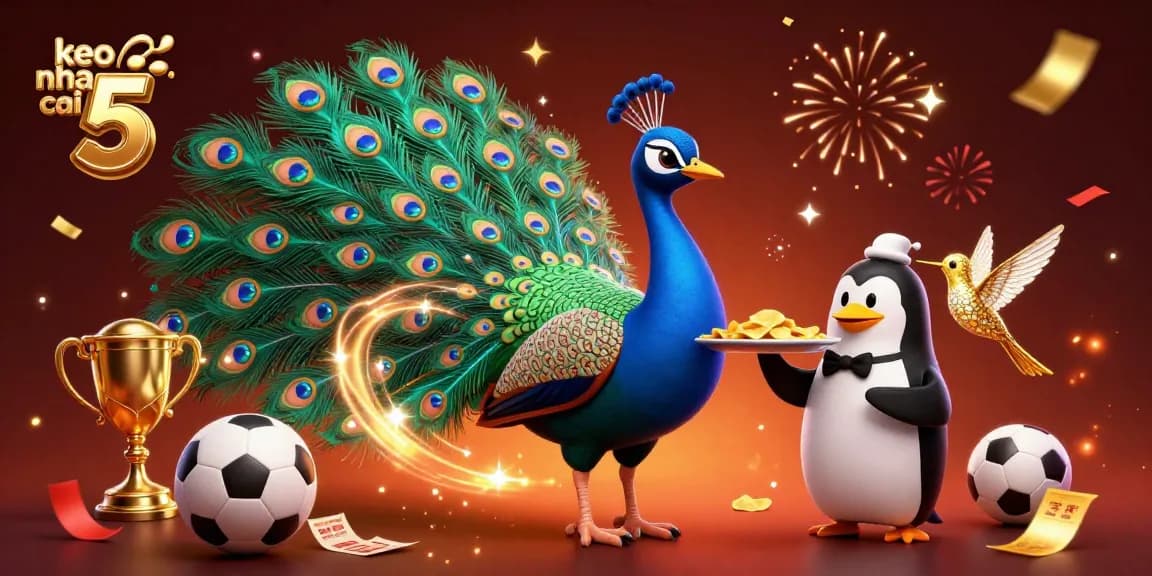 Experience the thrill of gambling with keo nha cai 5, featuring an elegant peacock and gambling elements.
