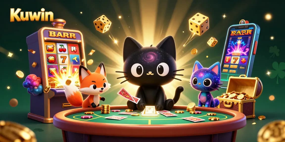 Experience the captivating world of Kuwin with a vibrant 3D illustration showcasing a cosmic casino atmosphere and exciting game elements.