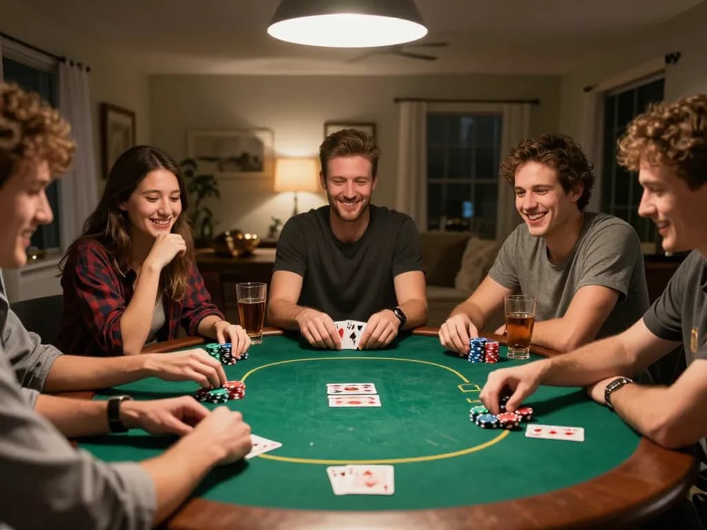 Friends enjoying a home poker night with sc88 entertainment, showcasing a lively game around a table.
