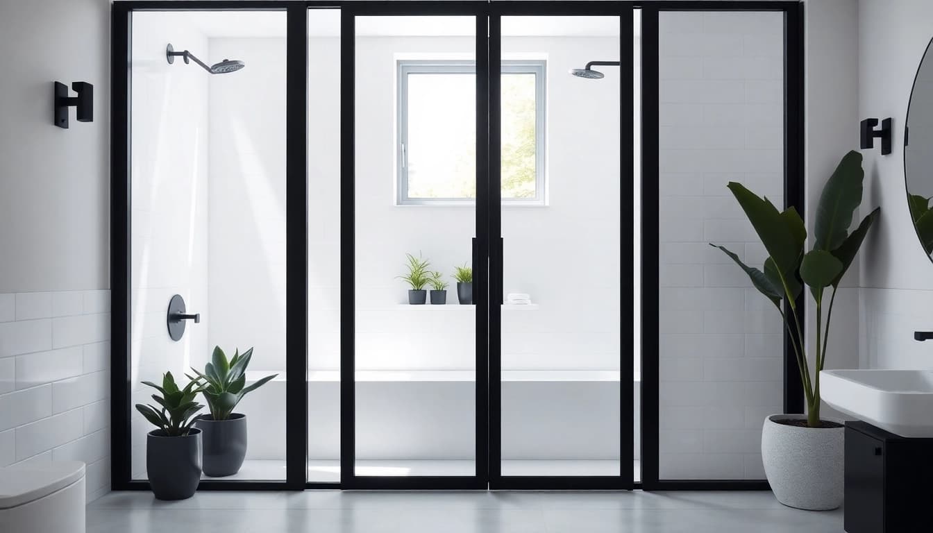 Elevate your bathroom aesthetics with stunning black frame shower doors framed by sleek modern decor.