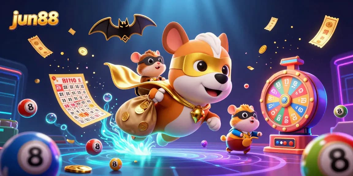 Experience thrilling games at jun88 with a superhero dog and adventure elements in a vibrant casino setting.