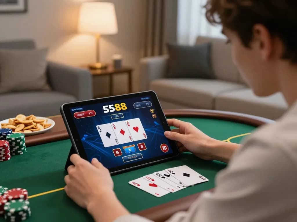 Player immersed in five88 online casino poker game on tablet in cozy home setting.
