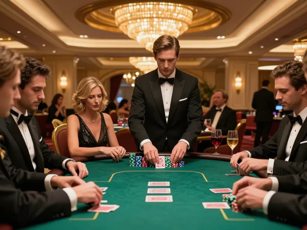 FLY88 poker game with players in luxurious casino, chips stacked, intense dealer action.