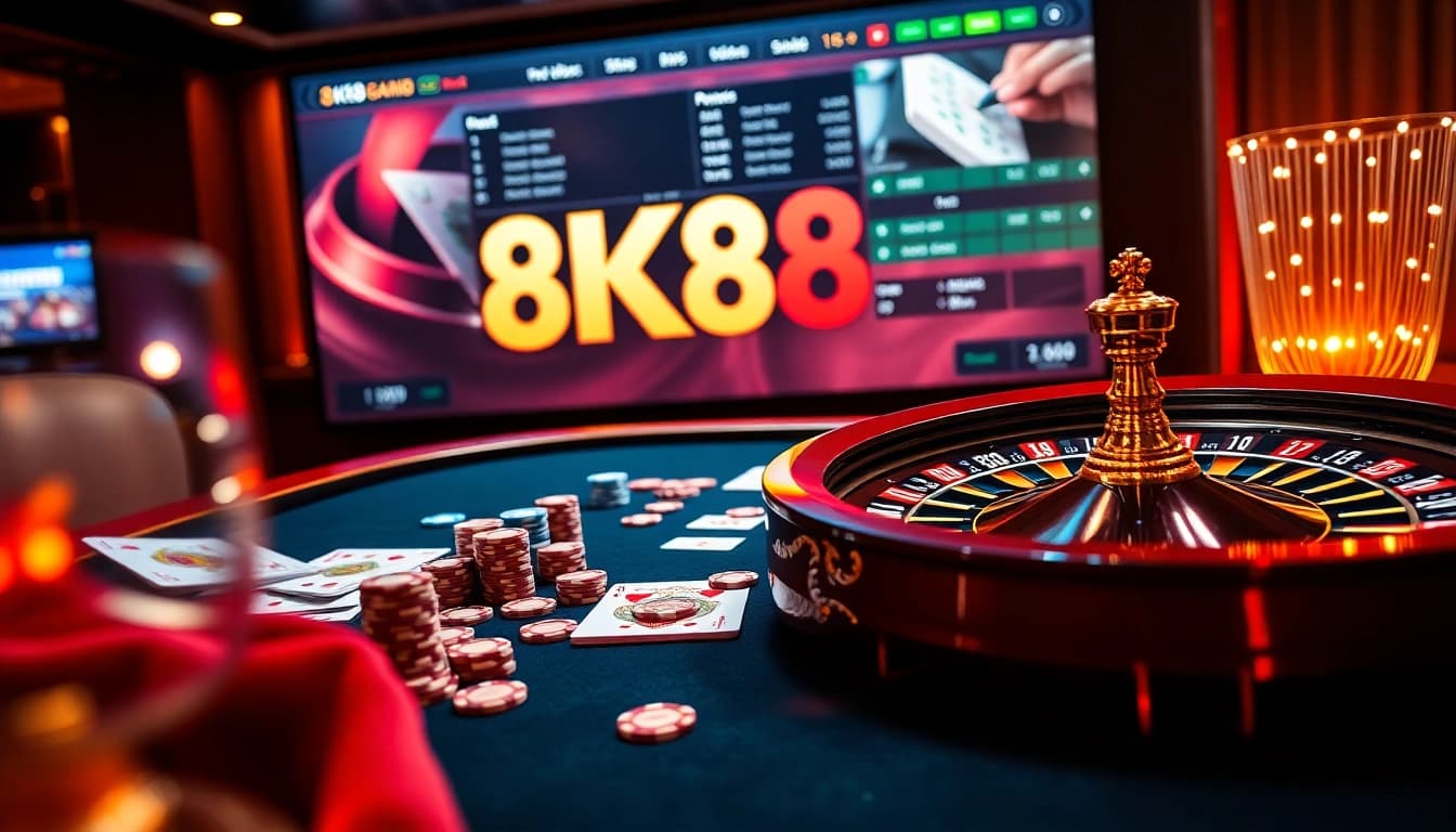 Experience electrifying gameplay at 8k8 with a modern casino scene showcasing poker, roulette, and vibrant excitement.