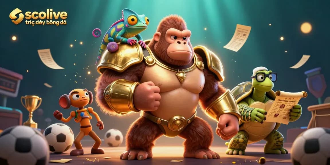 socolive trực tiếp bóng đá showcases an exciting scene with a gorilla king and sports elements, enhancing the sports betting experience.