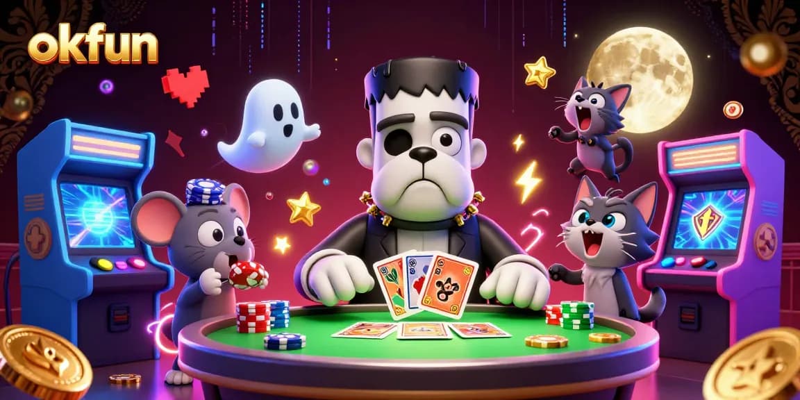 Spin and win at okfun’s vibrant 3D casino with playful characters and illuminated gaming elements.