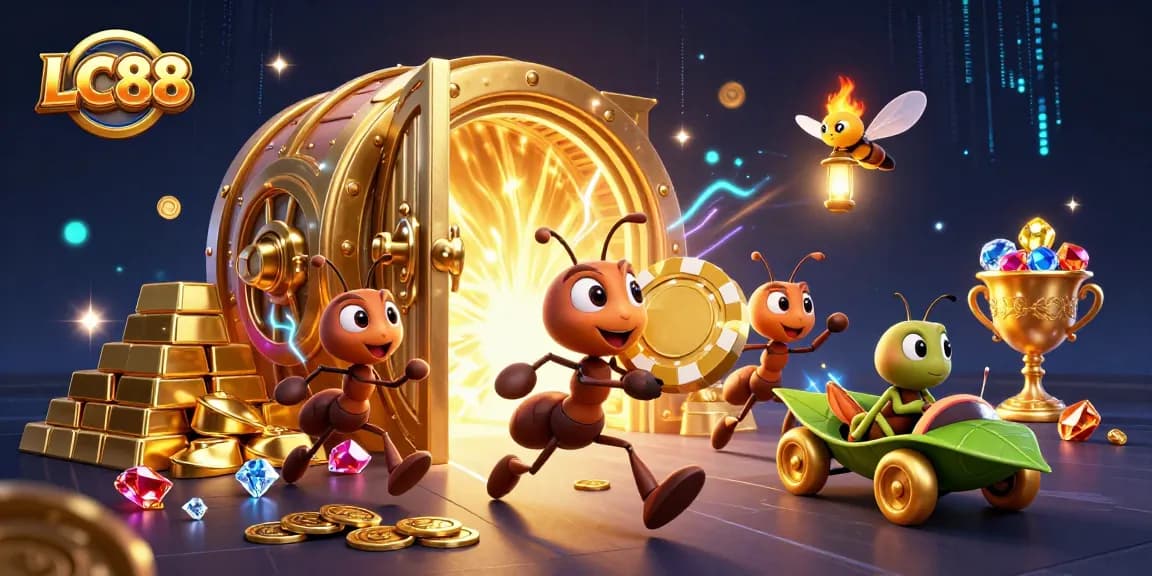 Engage with LC88's thrilling gaming experience by joining the heist with ants stealing a giant poker chip.