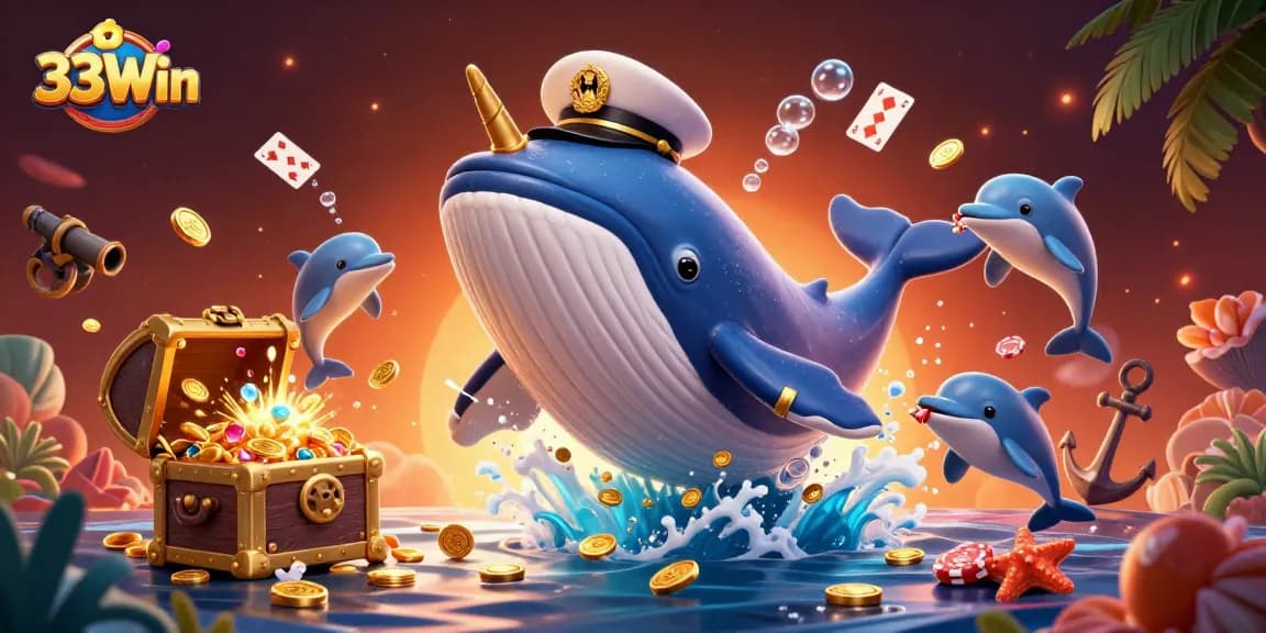 Experience the excitement of 33Win with a vibrant undersea casino scene featuring a whale, narwhal, and dolphins.