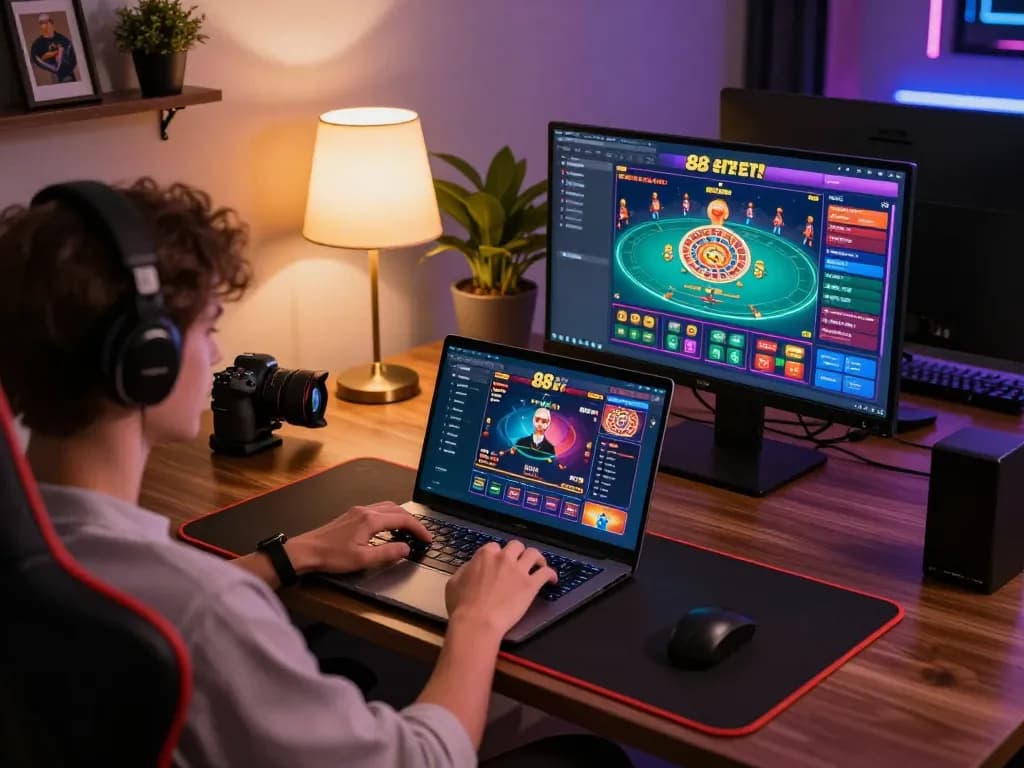 Person engaging in online gaming on 88bet, laptop displaying vibrant casino games in a cozy home setting.