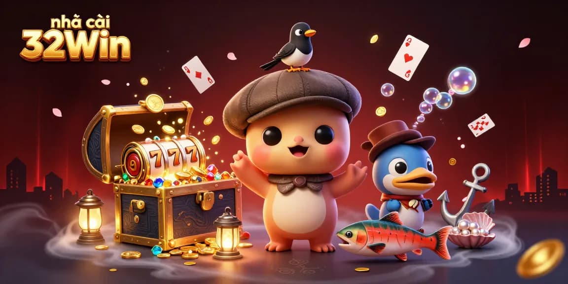 Experience the thrill at nhà cái 32Win with a dynamic 3D scene featuring playful characters and casino elements.