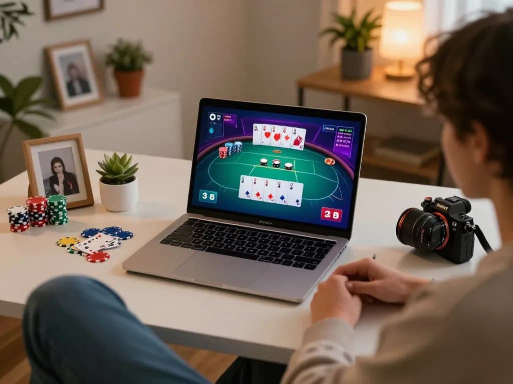 Player strategizing in a poker game on U888 with a cozy gaming setup.