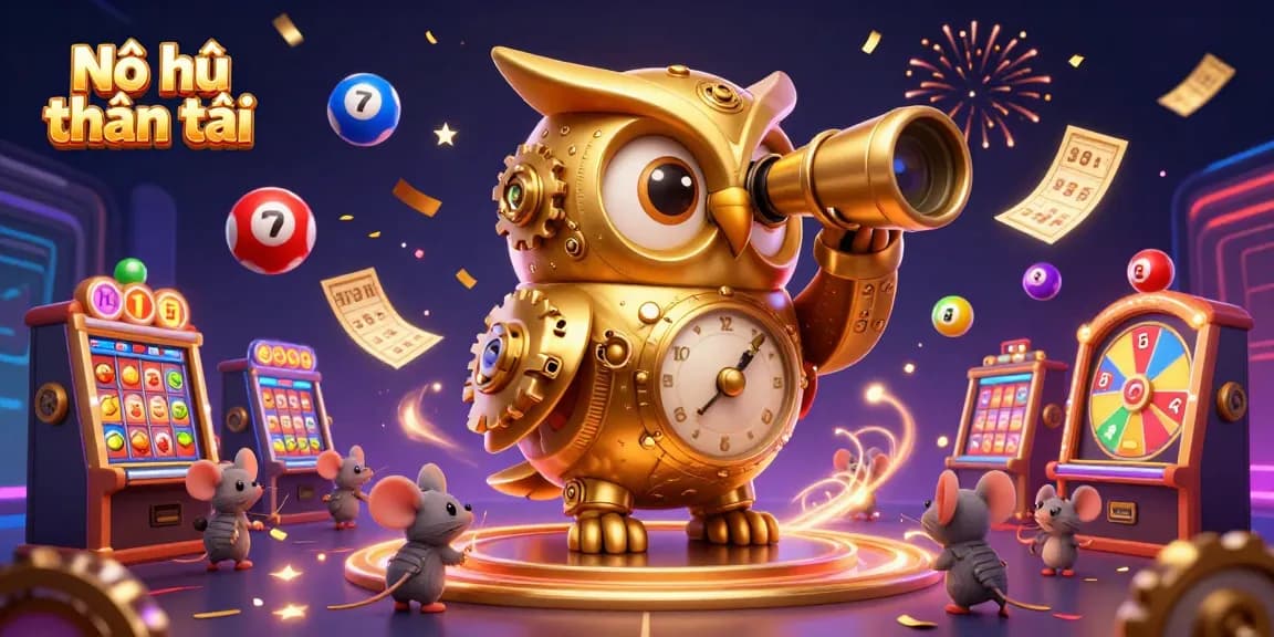 Nổ hũ thần tài showcases a vibrant scene with a clockwork owl, mouse patrons, and slot elements in a festive casino atmosphere.