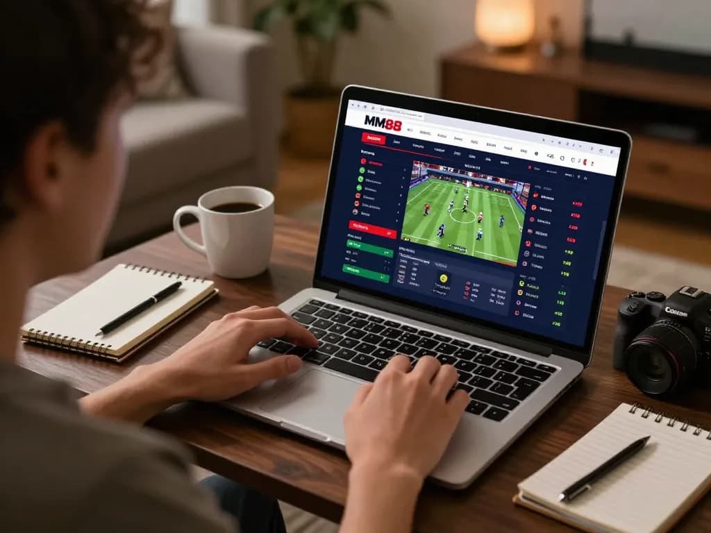 MM88 user placing bets online, excited sports betting experience in cozy home setting.