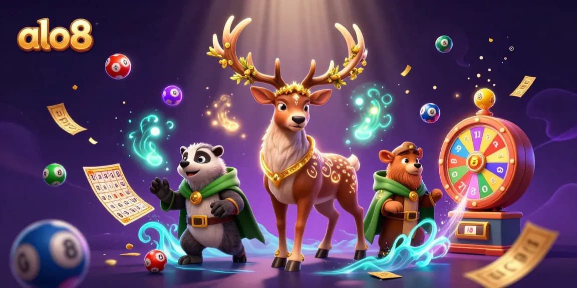 Experience dynamic gaming with alo8, featuring colorful lottery elements and enchanting characters in a vivid casino scene.